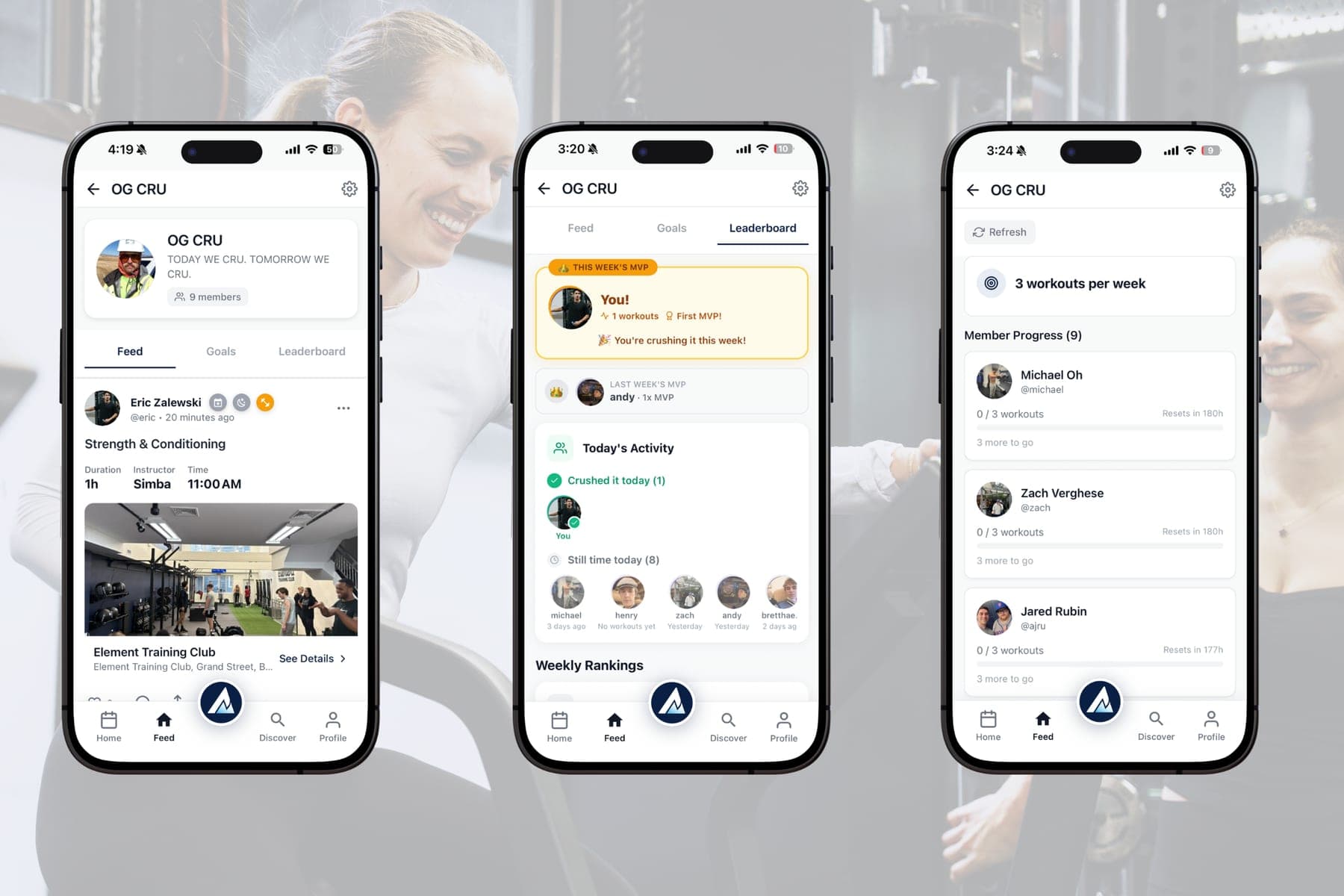OG CRU group feature showing Feed with workout posts, Leaderboard with weekly MVP, and Member Progress tracking