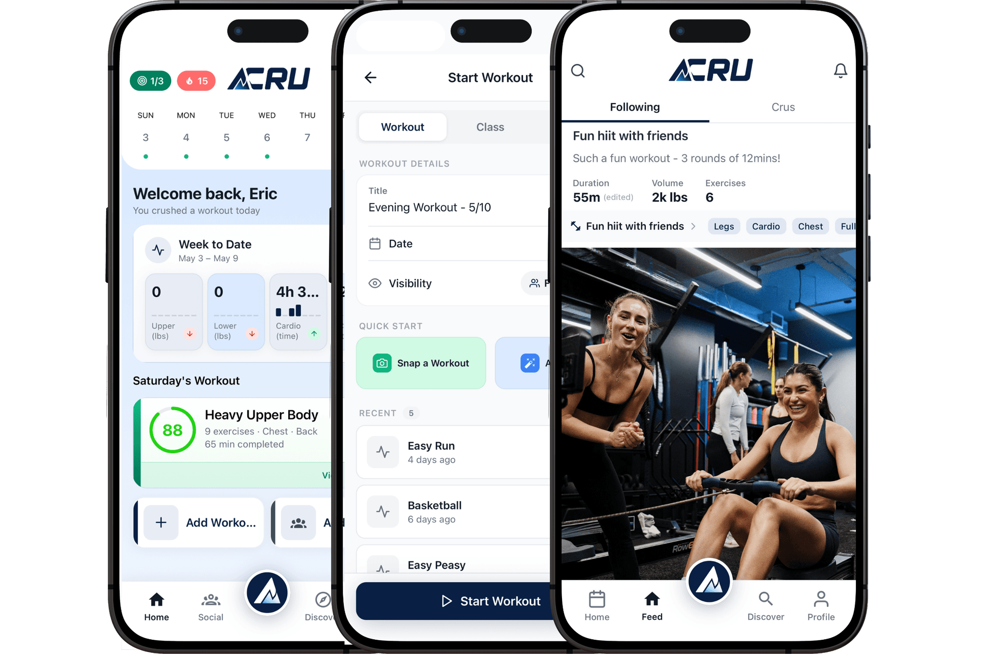 Acru app interface showing workout tracking, social feed, and crew features