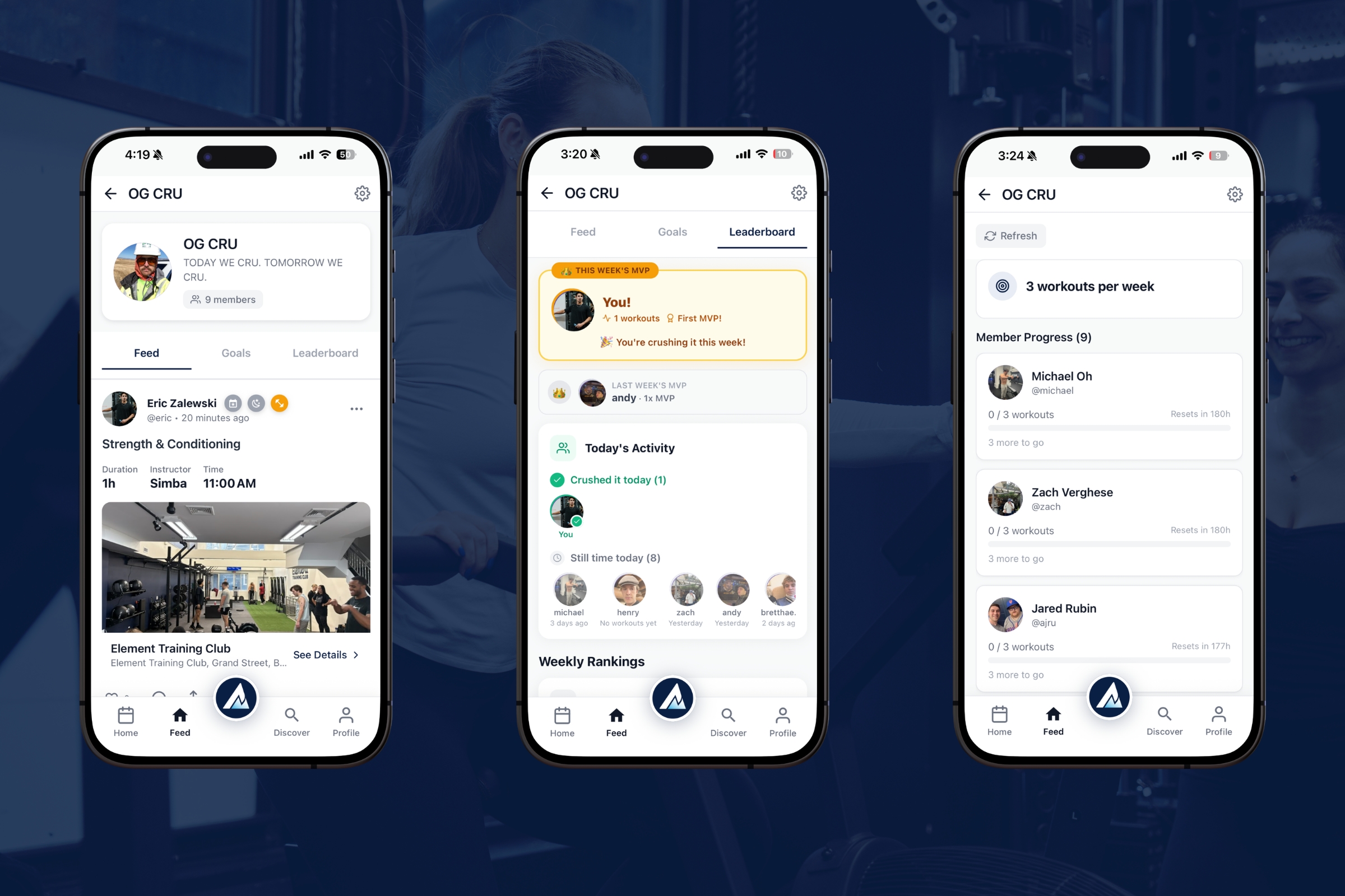 OG CRU group feature showing Feed with workout posts, Leaderboard with weekly MVP, and Goals with member progress tracking